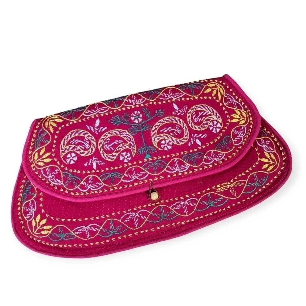 Red Boho Embroidered Envelope Clutch Statement Party Purse Colorful Birds